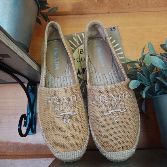 Prada Shoes - Prada Milano Embroidered Tan Jute Linen Burlap Shoe Espadrille Flats EUC Sz 36/6